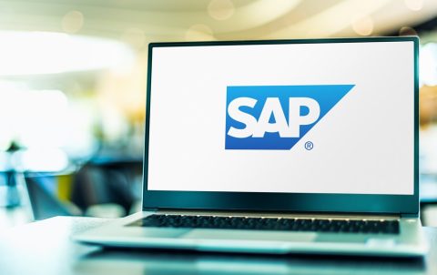 Laptop computer displaying logo of SAP